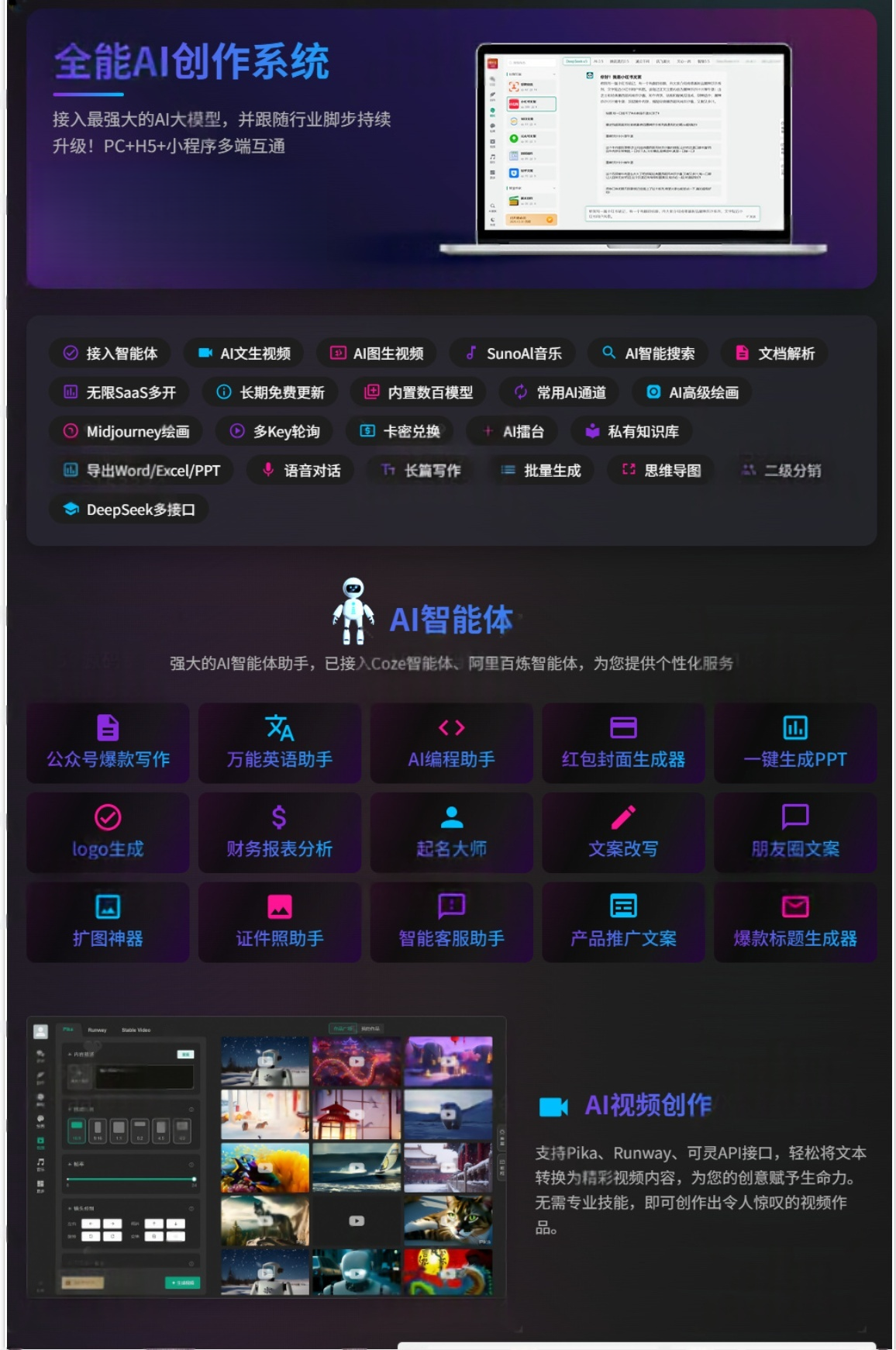 全能AI创作系统ChatGPT源码pc小程序无限多开GPT4.0AI绘画AI视频生成系统-灰铲源码